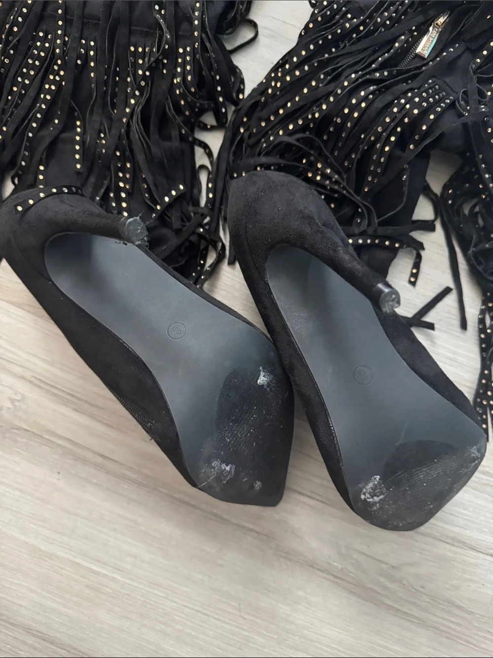 Cape Robbin Black Fringe Over-the-Knee Stiletto Boots with Gold Studs